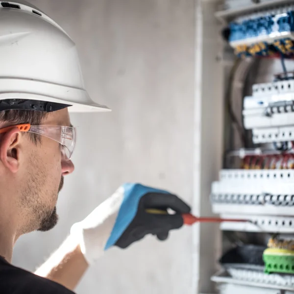 Un homme en casque et lunettes de sécurité travaille sur un panneau électrique lors d'une installation électrique dans une maison.