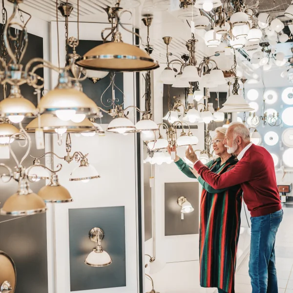 Un couple admire des lumières décoratives dans un magasin d'éclairage extérieur.