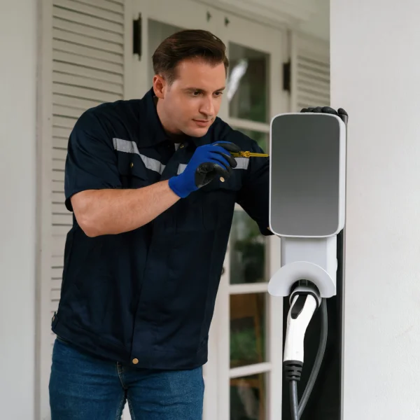 Un homme vérifie une borne de recharge pour voiture électrique à domicile.