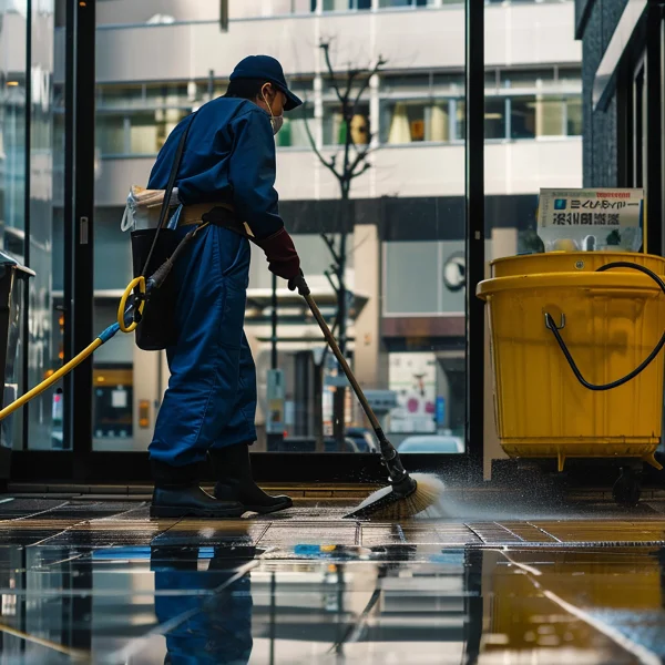 Une personne nettoie le sol avec une serpillière dans un environnement de système domotique moderne.