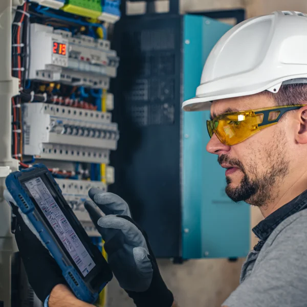 Un homme en casque de sécurité et lunettes utilise une tablette, représentant un électricien industriel au travail.