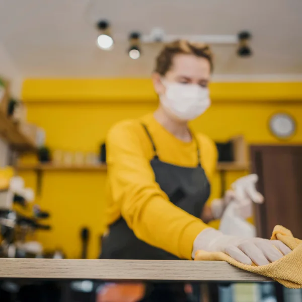 Une personne portant un masque et des gants nettoie un comptoir dans un environnement de système domotique.